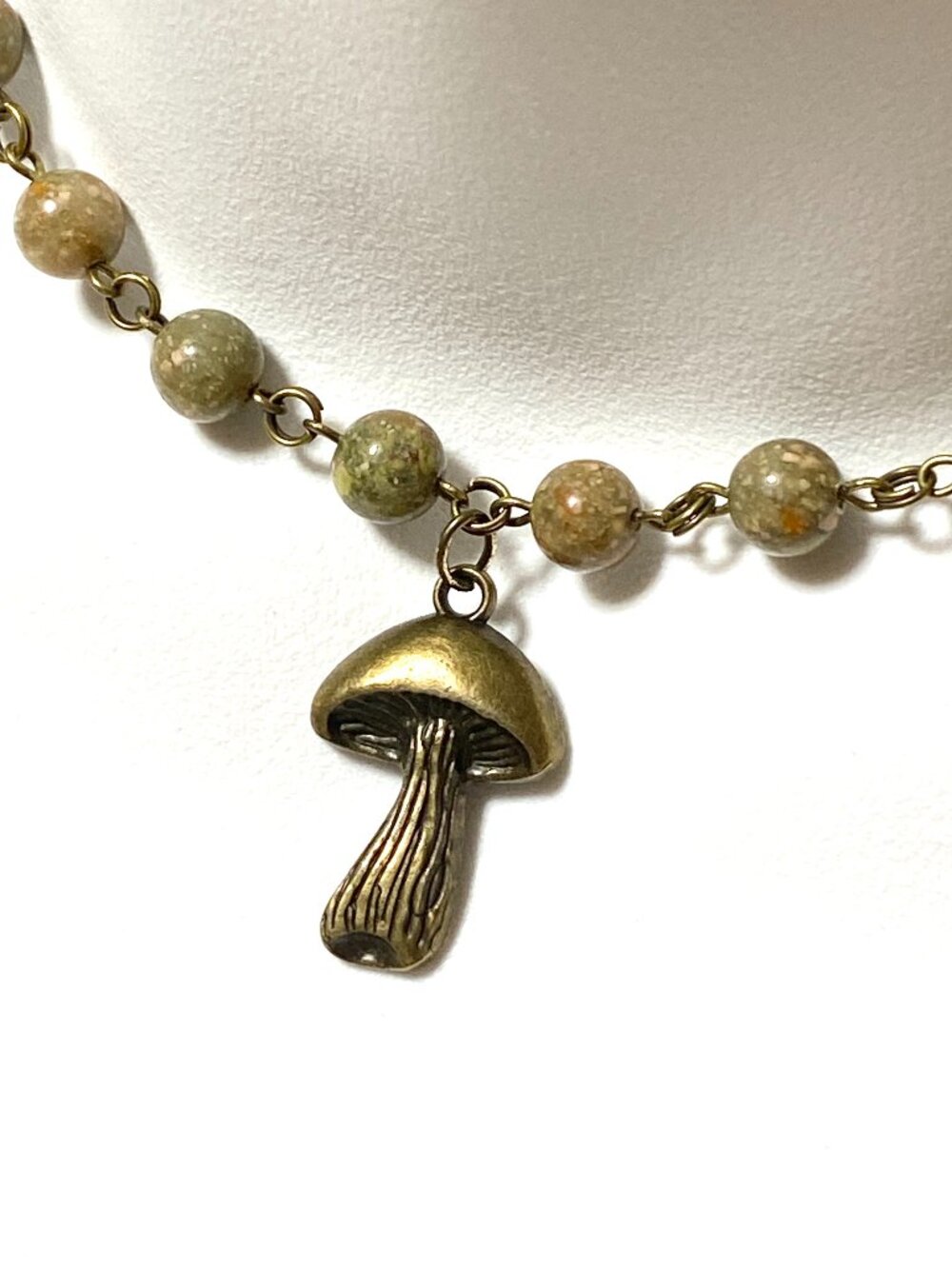 Natural Earthy Unakite Short Necklace, Gemstone & Cute Bronze Slim Mushroom